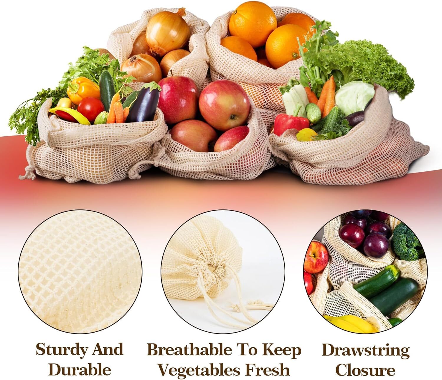 Set of 10 ECOCLAND Reusable Mesh Produce Bags Fruit Grocery Storage Washable Eco Bag V563-ECOCLAND-PRODUCEBAGS