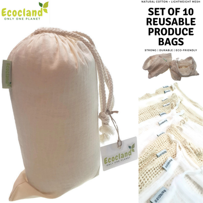 Set of 10 ECOCLAND Reusable Mesh Produce Bags Fruit Grocery Storage Washable Eco Bag V563-ECOCLAND-PRODUCEBAGS