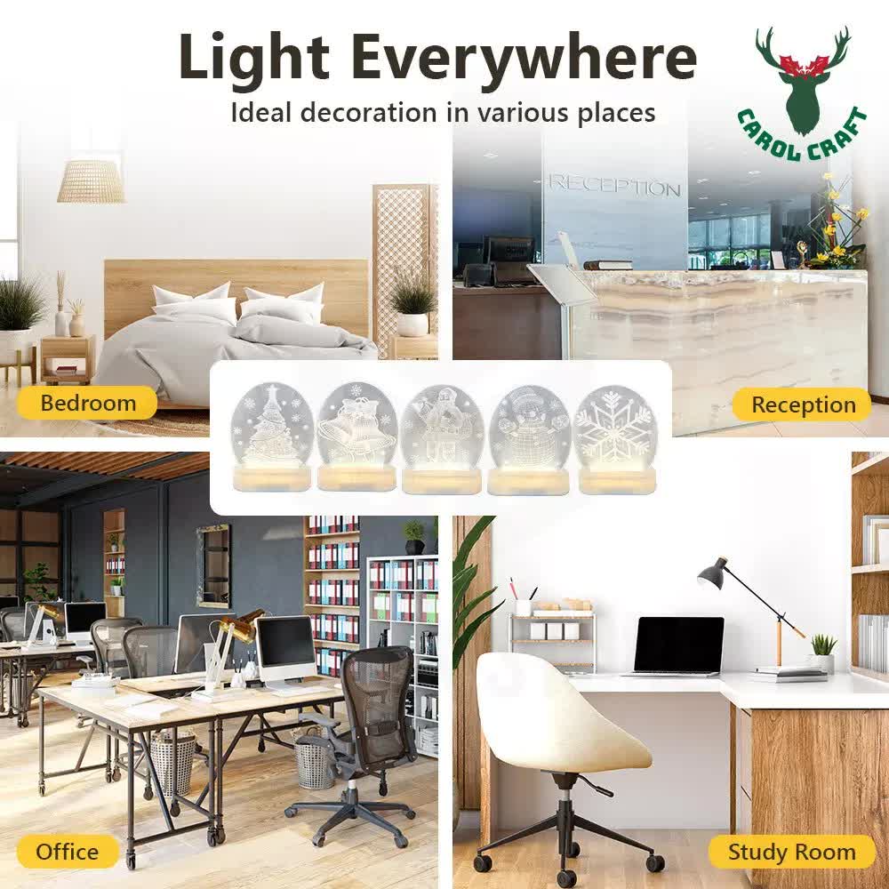 CarolCraft Christmas LED Acrylic USB Lamp Set of 5 Decoration Ornament Xmas Gift V563-FES-001-TAB-SET