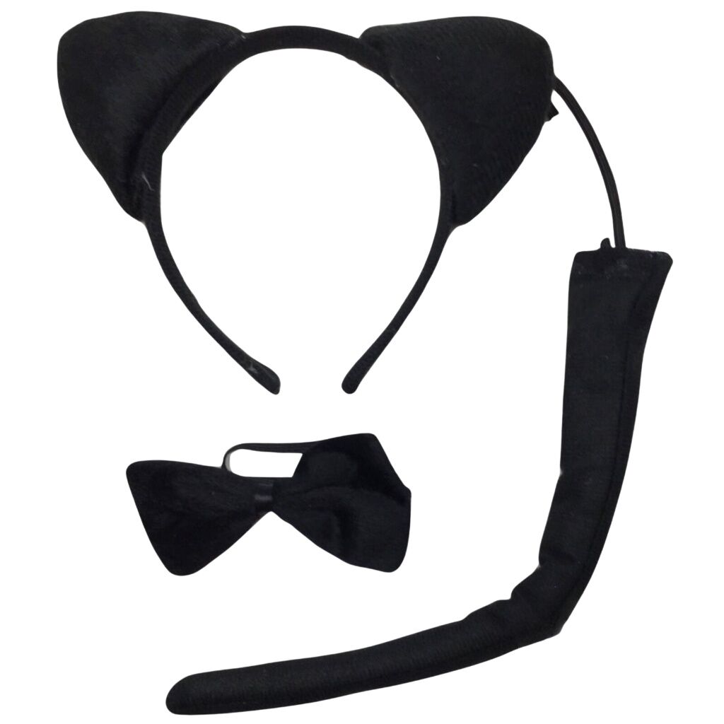 BLACK CAT EARS HEADBAND w Bow Tail Animal Costume Halloween Party Hair Accessory V563-FF-2569-7