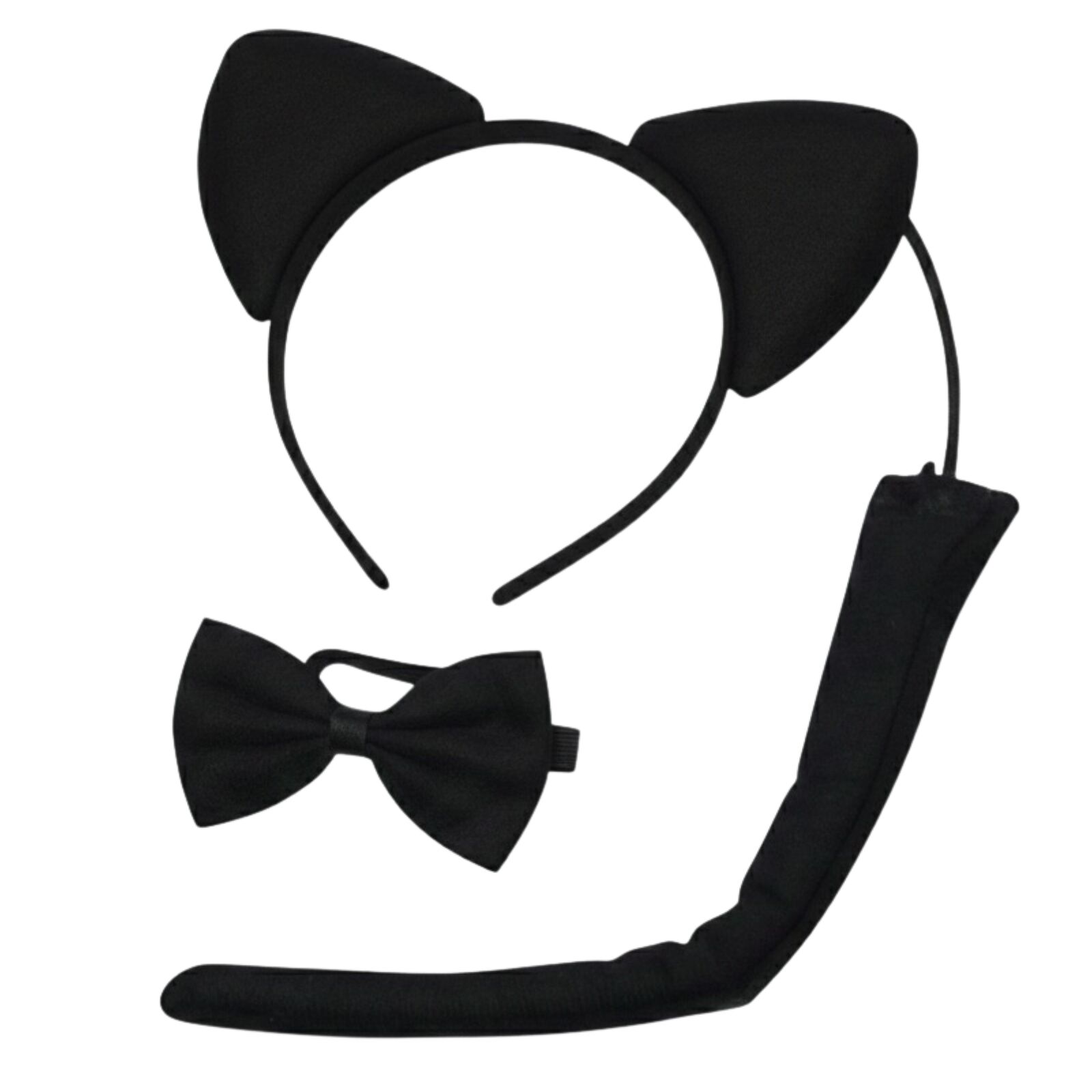 BLACK CAT EARS HEADBAND w Bow Tail Animal Costume Halloween Party Hair Accessory V563-FF-2569-7