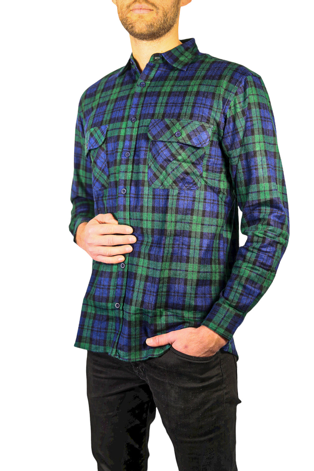 Mens Flannelette Long Sleeve Shirt 100% Cotton Check Authentic Flannel - Full Placket - Green - S