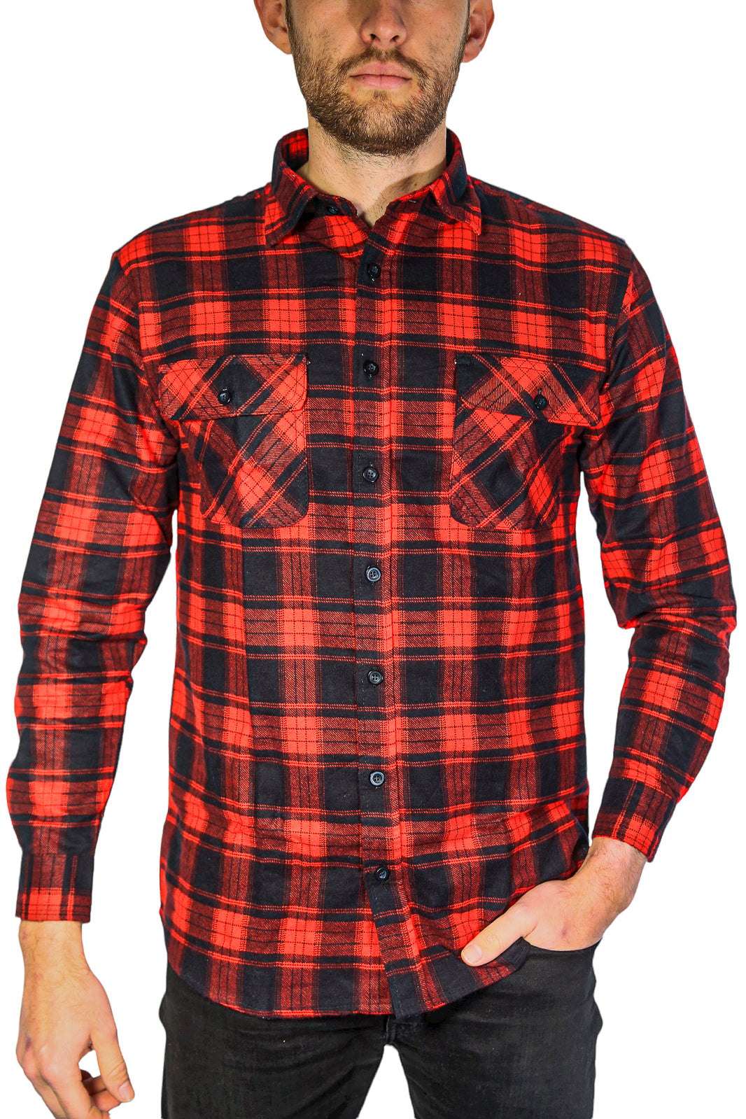 Mens Flannelette Long Sleeve Shirt 100% Cotton Check Authentic Flannel - Full Placket - Red  - XL