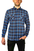Mens Flannelette Long Sleeve Shirt 100% Cotton Check Authentic Flannel - Full Placket - Turquoise/Black - L V563-FS-FP21-36-L