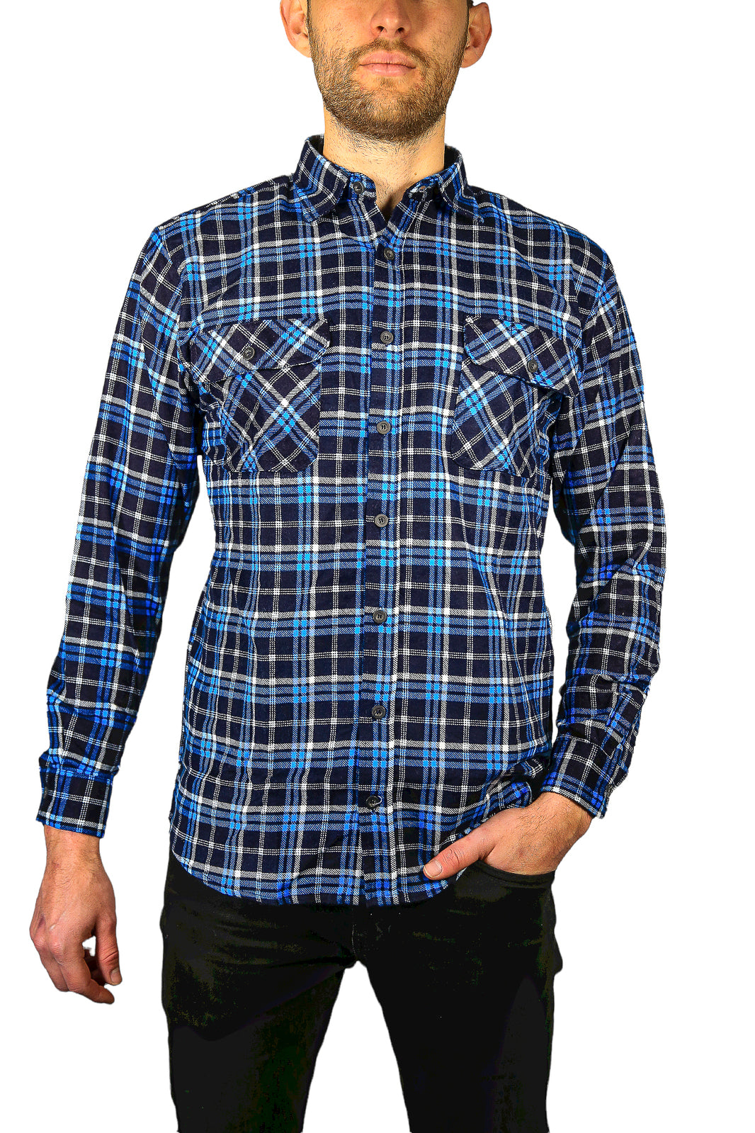 Mens Flannelette Long Sleeve Shirt 100% Cotton Check Authentic Flannel - Full Placket - Turquoise/Black - M V563-FS-FP21-36-M