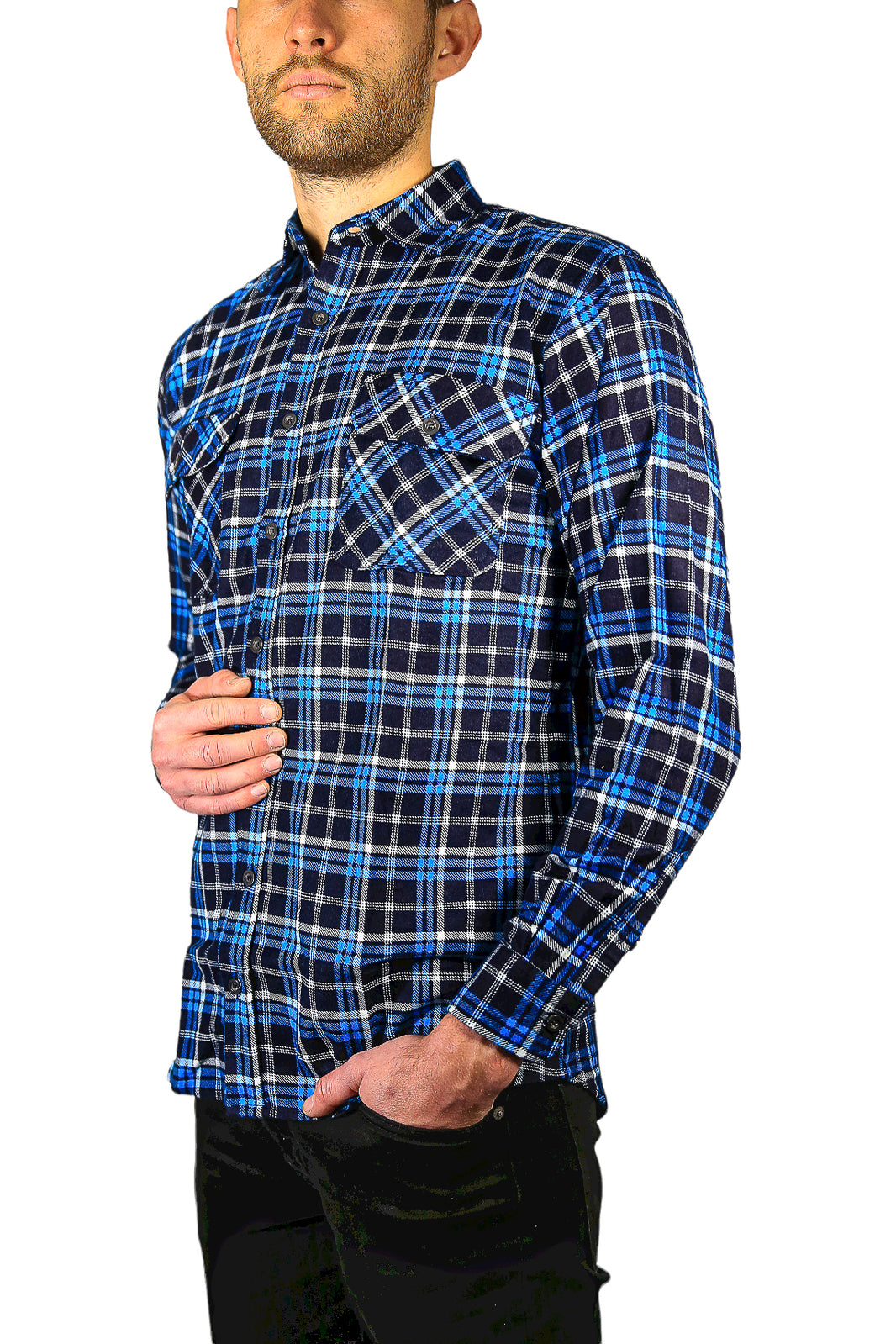 Mens Flannelette Long Sleeve Shirt 100% Cotton Check Authentic Flannel - Full Placket - Turquoise/Black - M V563-FS-FP21-36-M