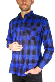 Mens Flannelette Long Sleeve Shirt 100% Cotton Check Authentic Flannel - Full Placket - Royal Blue  - 3XL
