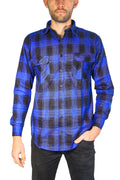 Mens Flannelette Long Sleeve Shirt 100% Cotton Check Authentic Flannel - Full Placket - Royal Blue - M V563-FS-FP21-44-M