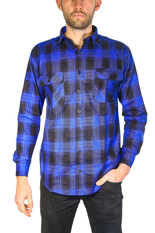 Mens Flannelette Long Sleeve Shirt 100% Cotton Check Authentic Flannel - Full Placket - Royal Blue - XL V563-FS-FP21-44-XL