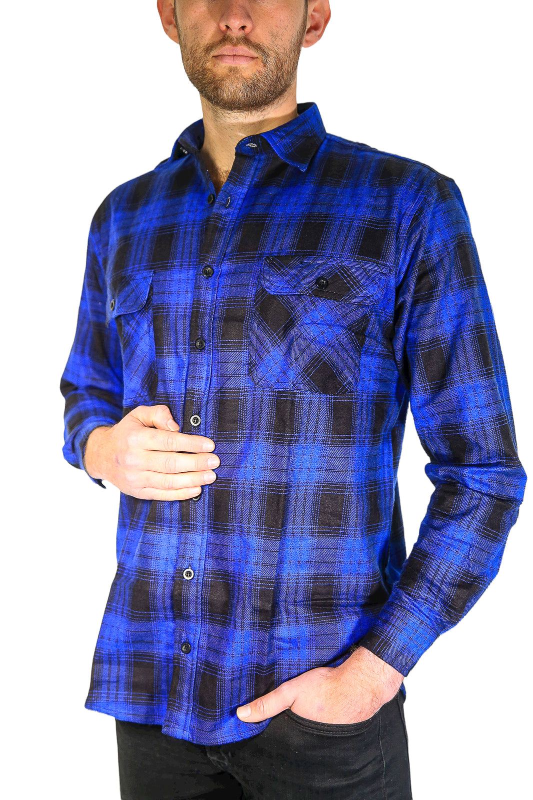 Mens Flannelette Long Sleeve Shirt 100% Cotton Check Authentic Flannel - Full Placket - Royal Blue  - XL