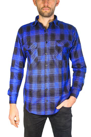 Mens Flannelette Long Sleeve Shirt 100% Cotton Check Authentic Flannel - Full Placket - Royal Blue  - XXL
