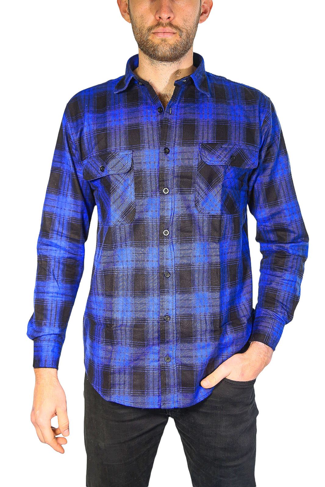 Mens Flannelette Long Sleeve Shirt 100% Cotton Check Authentic Flannel - Full Placket - Royal Blue  - XXL