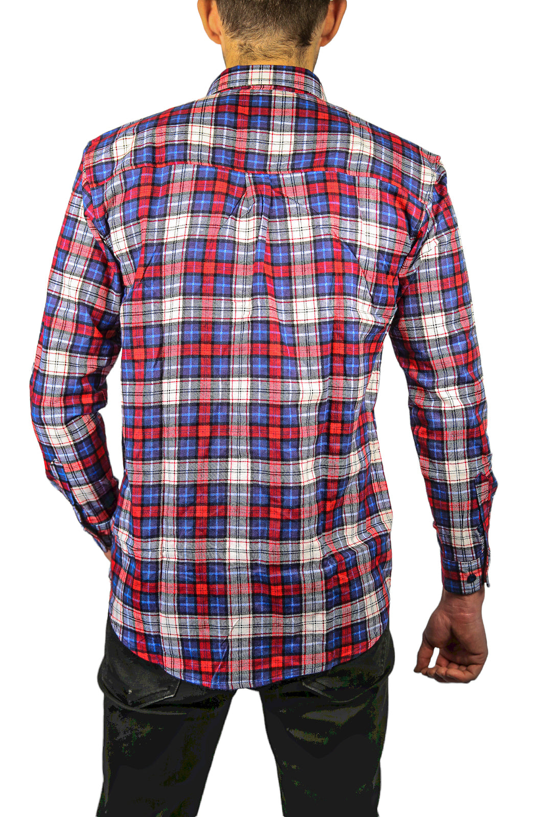 Mens Flannelette Long Sleeve Shirt 100% Cotton Check Authentic Flannel - Full Placket - Navy/Red/White - L V563-FS-FP21-49-L