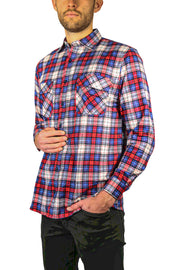 Mens Flannelette Long Sleeve Shirt 100% Cotton Check Authentic Flannel - Full Placket - Navy/Red/White - L V563-FS-FP21-49-L