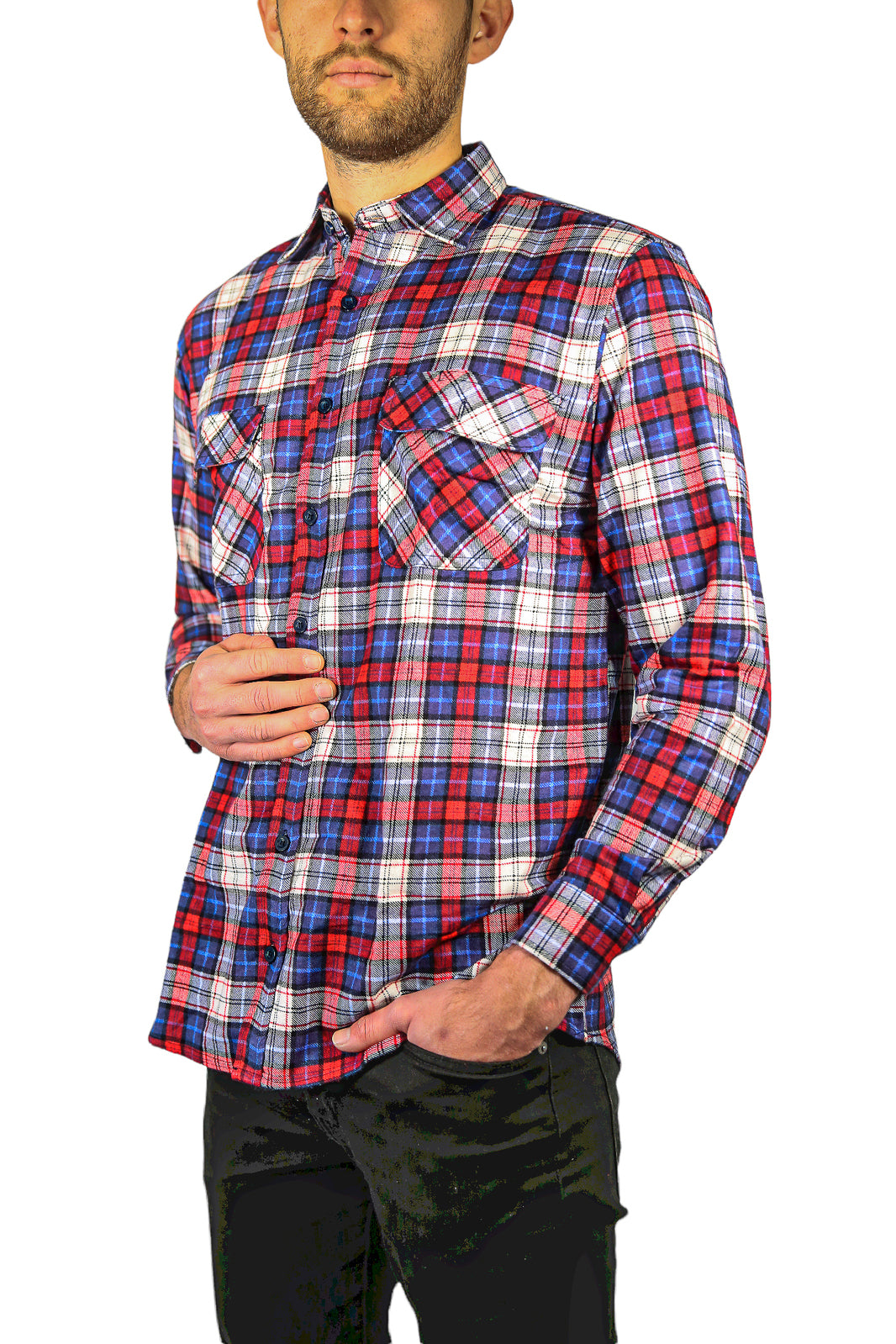 Mens Flannelette Long Sleeve Shirt 100% Cotton Check Authentic Flannel - Full Placket - Navy/Red/White - L V563-FS-FP21-49-L