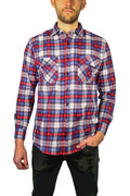 Mens Flannelette Long Sleeve Shirt 100% Cotton Check Authentic Flannel - Full Placket - Navy/Red/White - M V563-FS-FP21-49-M