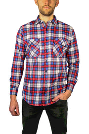 Mens Flannelette Long Sleeve Shirt 100% Cotton Check Authentic Flannel - Full Placket - Navy/Red/White - S V563-FS-FP21-49-S