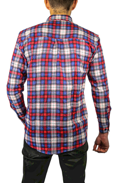 Mens Flannelette Long Sleeve Shirt 100% Cotton Check Authentic Flannel - Full Placket - Navy/Red/White - S V563-FS-FP21-49-S