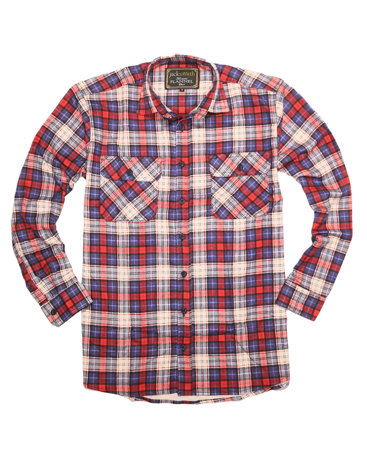 Mens Flannelette Long Sleeve Shirt 100% Cotton Check Authentic Flannel - Full Placket - Navy/Red/White - S V563-FS-FP21-49-S