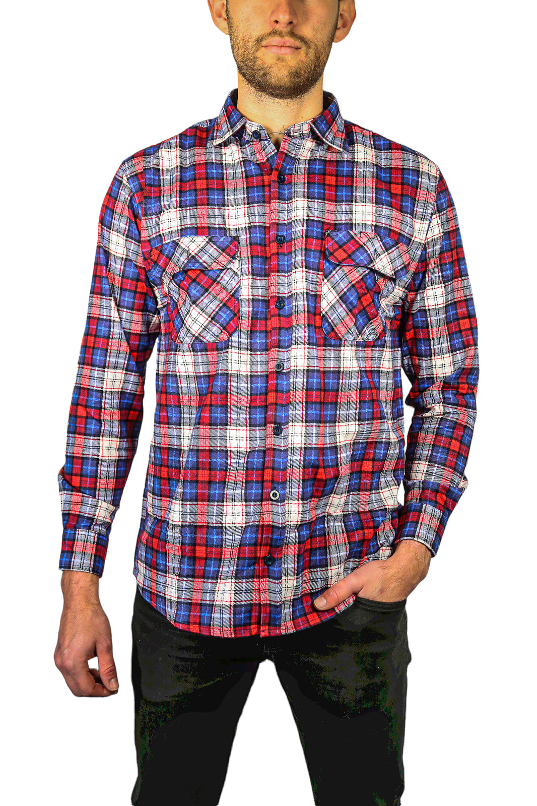 Mens Flannelette Long Sleeve Shirt 100% Cotton Check Authentic Flannel - Full Placket - Navy/Red/White - XXL V563-FS-FP21-49-XXL