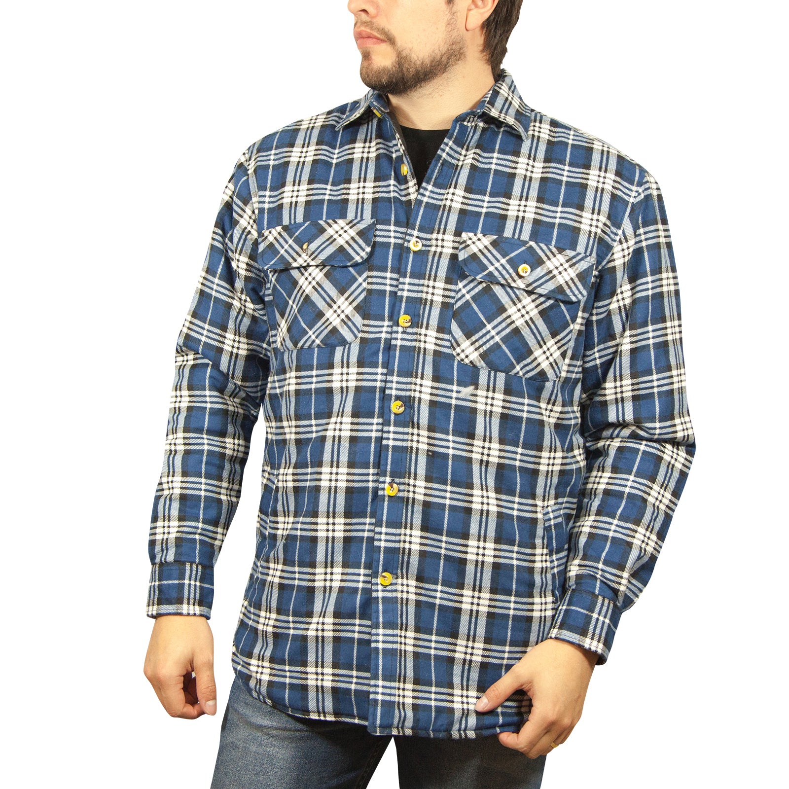 Mens Flannelette Long Sleeve Shirt 100% Cotton Check - Full Placket - Spanish Blue - 6XL V563-FS-FP22-149-6XL
