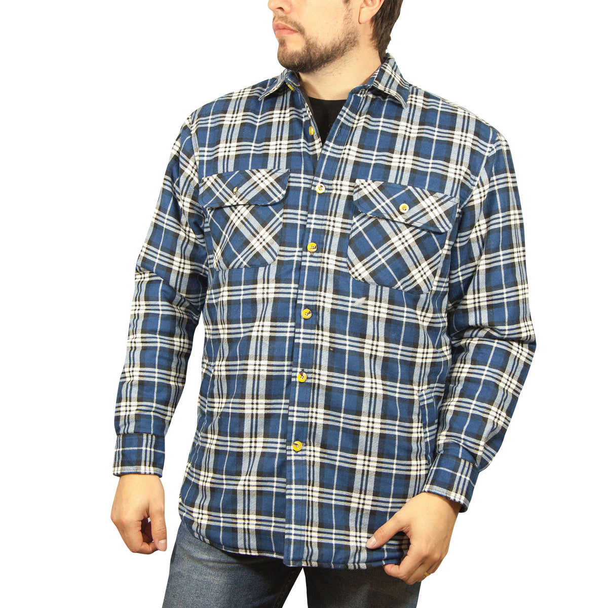 Mens Flannelette Long Sleeve Shirt 100% Cotton Check - Full Placket - Spanish Blue - L V563-FS-FP22-149-L