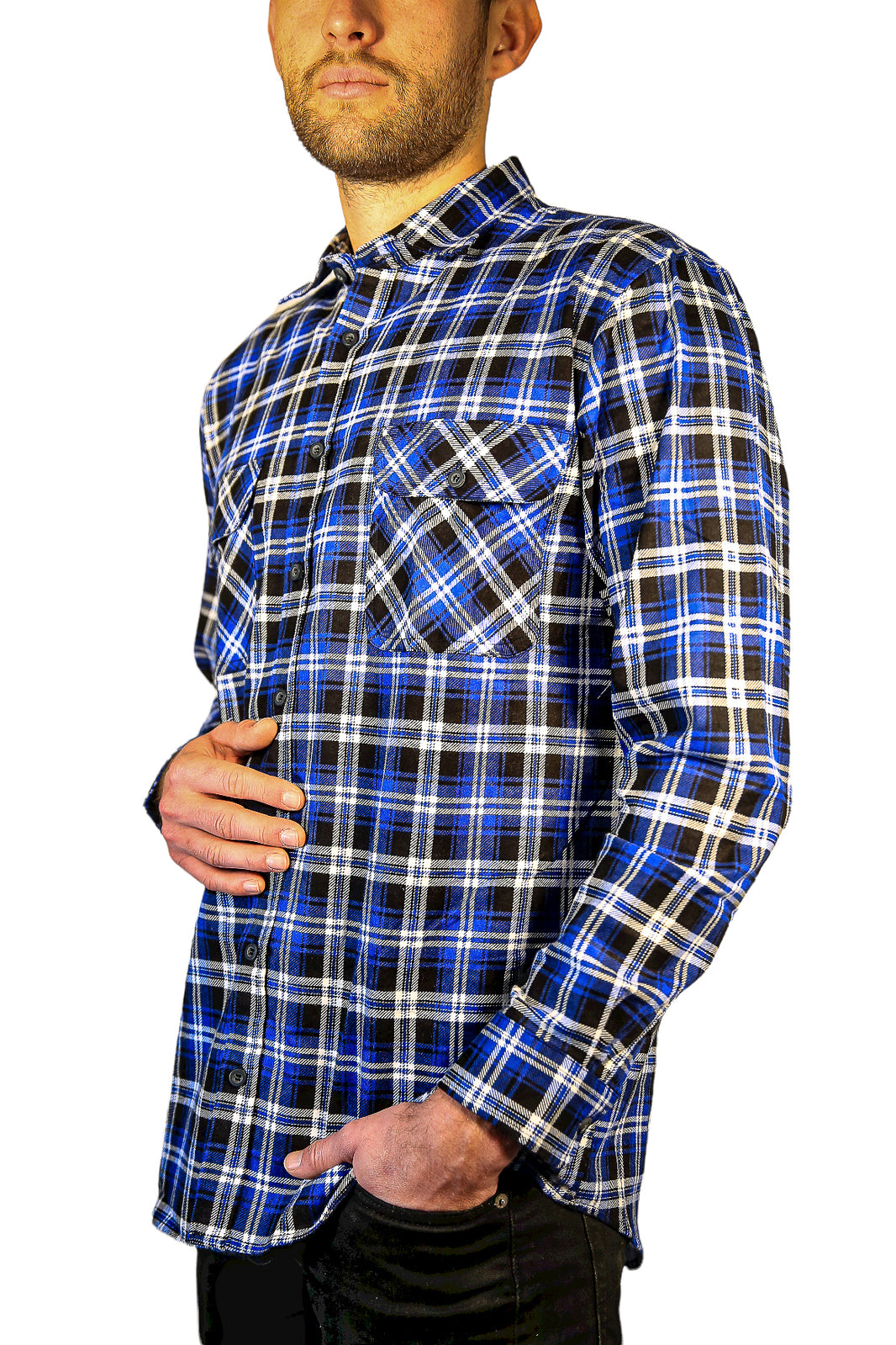Mens 100% Cotton Flannelette Shirt Long Sleeve Check Authentic Flannel - Denim - 3XL