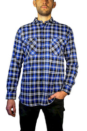 Mens 100% Cotton Flannelette Shirt Long Sleeve Check Authentic Flannel - Denim - L V563-FS-FP22-45-L