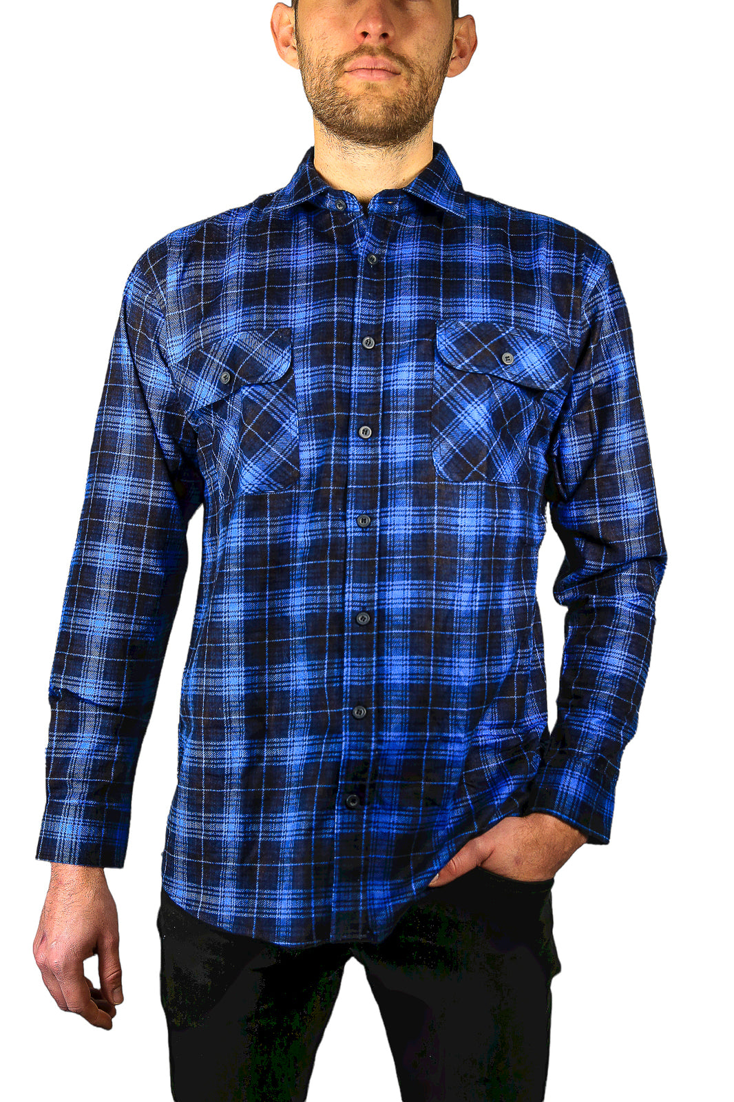 Mens 100% Cotton Flannelette Shirt Long Sleeve Check Authentic Flannel - Blue - 9XL V563-FS-FP22-48-9XL