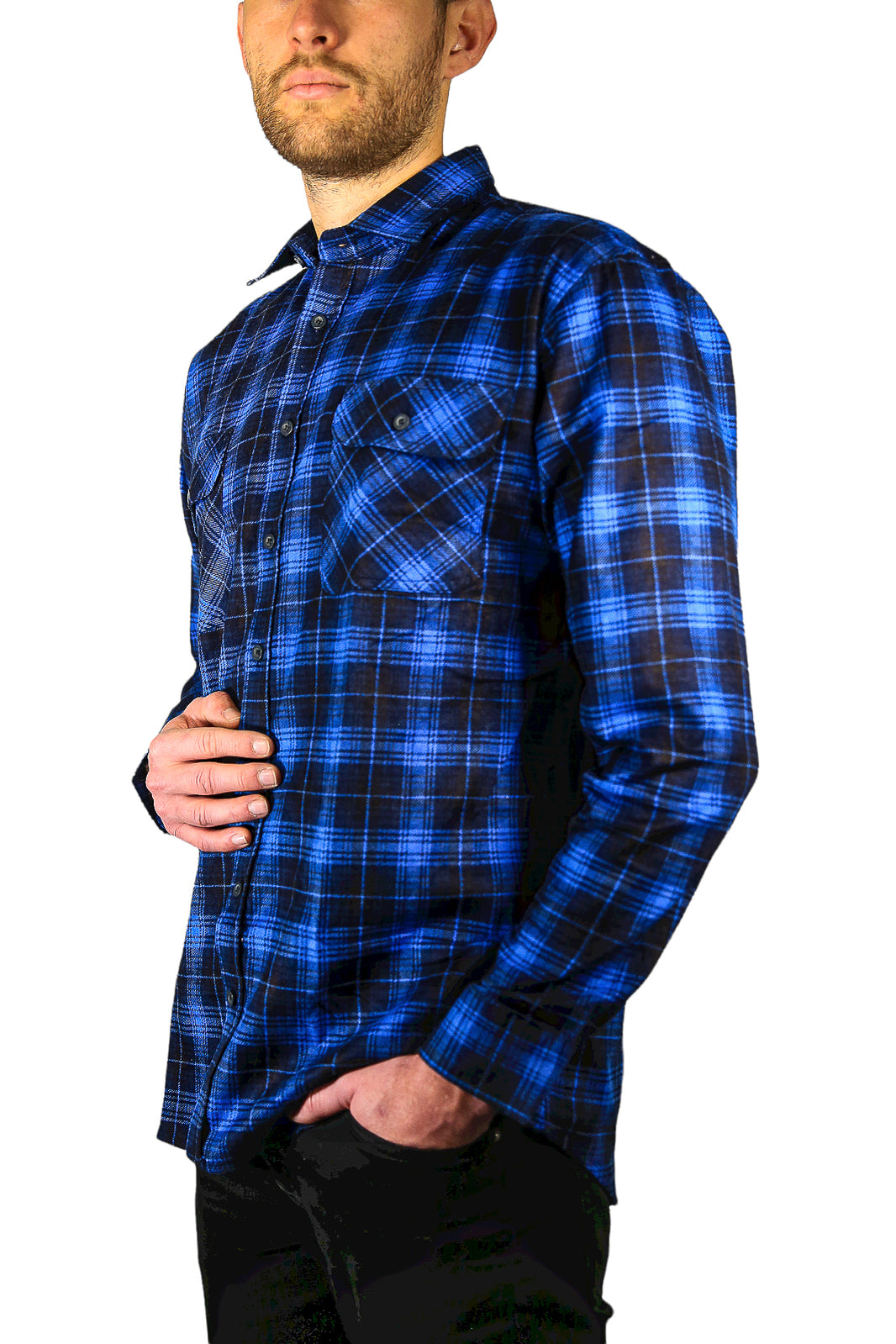 Mens 100% Cotton Flannelette Shirt Long Sleeve Check Authentic Flannel - Blue - L V563-FS-FP22-48-L