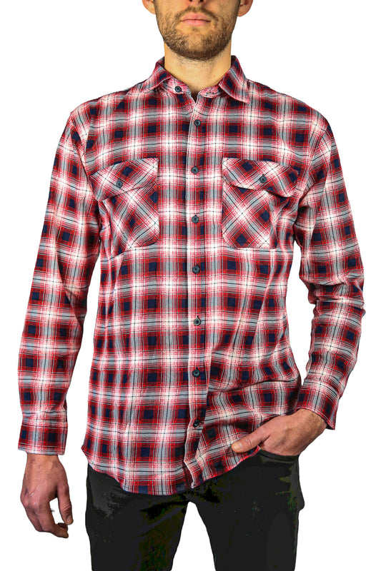 Mens 100% Cotton Flannelette Shirt Long Sleeve Check Authentic Flannel - Red/Navy - 6XL V563-FS-FP22-49-6XL