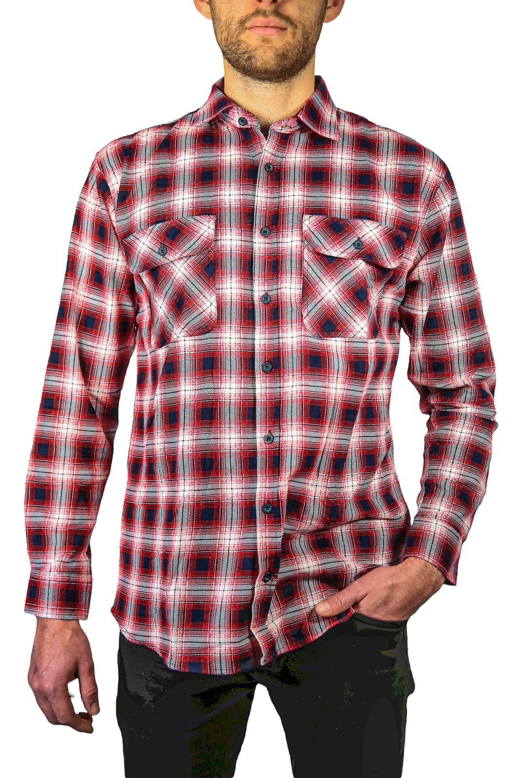 Mens 100% Cotton Flannelette Shirt Long Sleeve Check Authentic Flannel - Red/Navy - XL