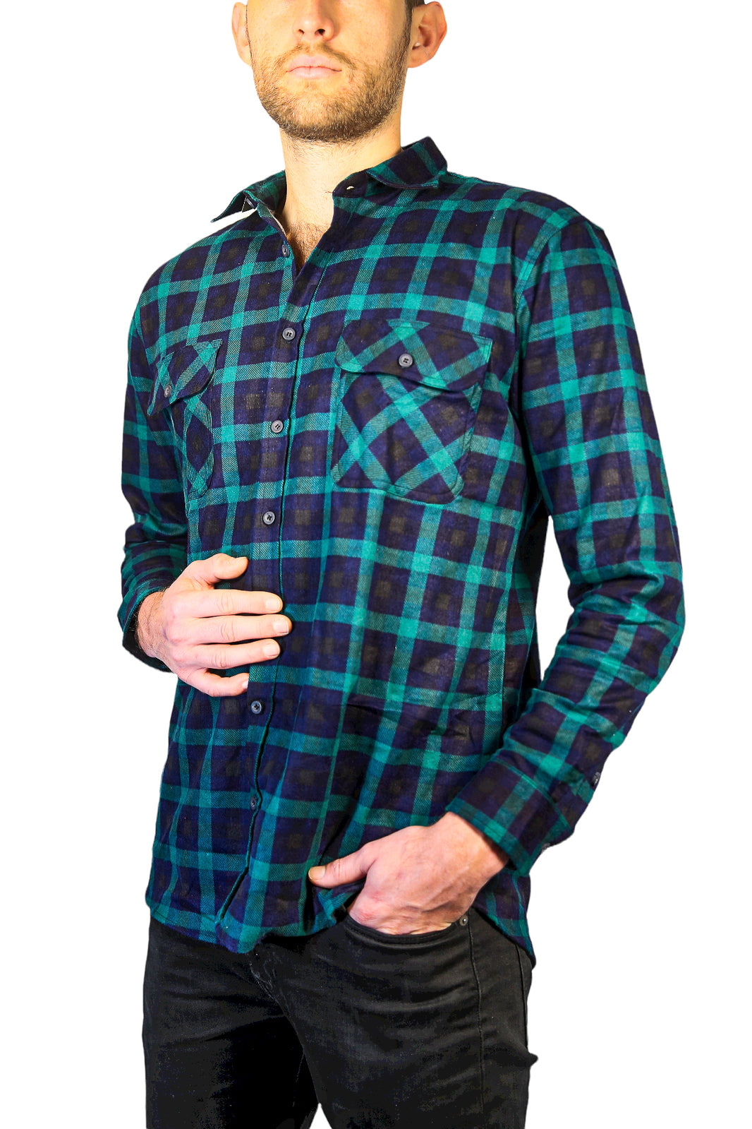 Mens 100% Cotton Flannelette Shirt Long Sleeve Check Authentic Flannel - Green/Navy - 3XL