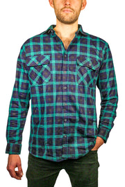 Mens 100% Cotton Flannelette Shirt Long Sleeve Check Authentic Flannel - Green/Navy - L V563-FS-FP22-82-L