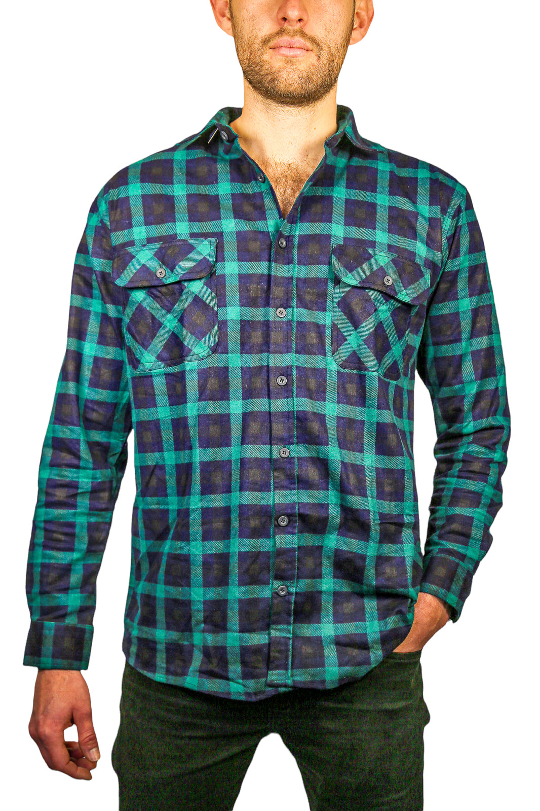 Mens 100% Cotton Flannelette Shirt Long Sleeve Check Authentic Flannel - Green/Navy - L V563-FS-FP22-82-L
