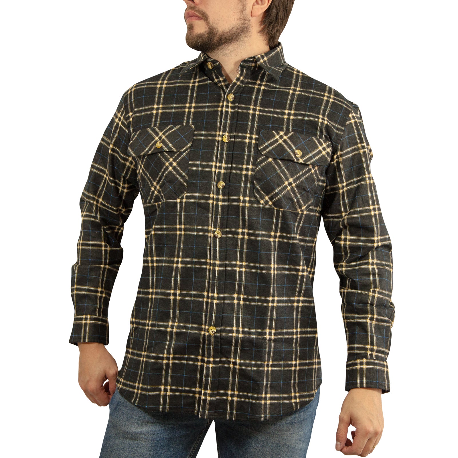 Mens Long Sleeve Flannelette Shirt 100% Cotton Flannel - Black Check - M V563-FS-FP99-M