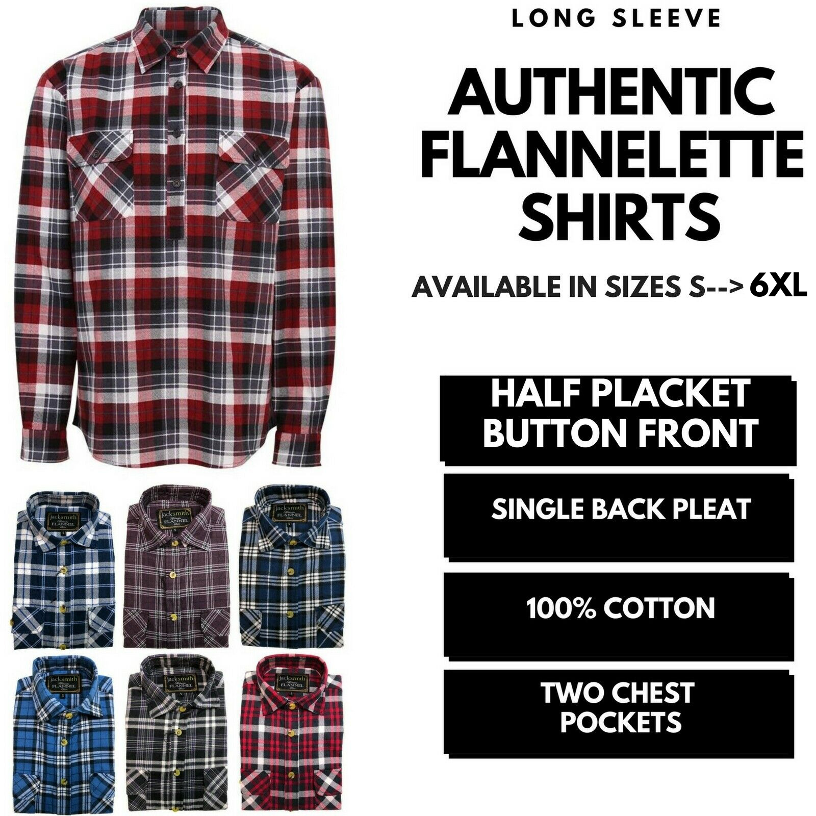 Mens Half Placket Flannelette Long Sleeve Pullover Shirt 100% Cotton Check Authentic Flannel - Burgundy - S V563-FS-HP18-BURGUNDY97-S