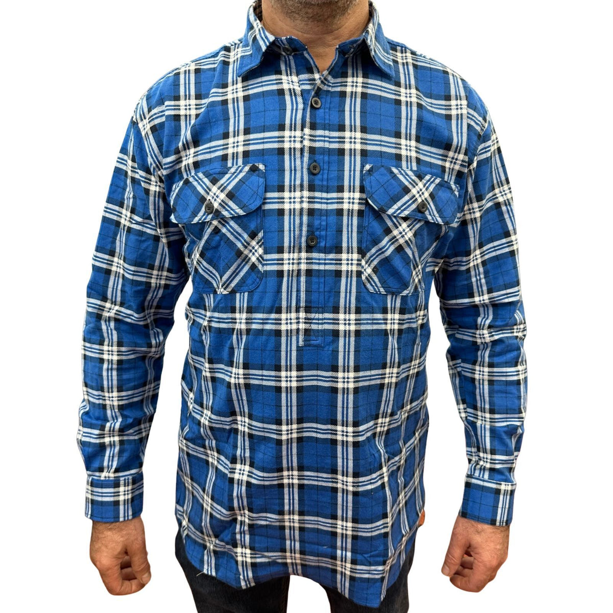 Mens Flannelette Long Sleeve Pullover Shirt 100% Cotton Flannel - Half Placket - Navy - XL
