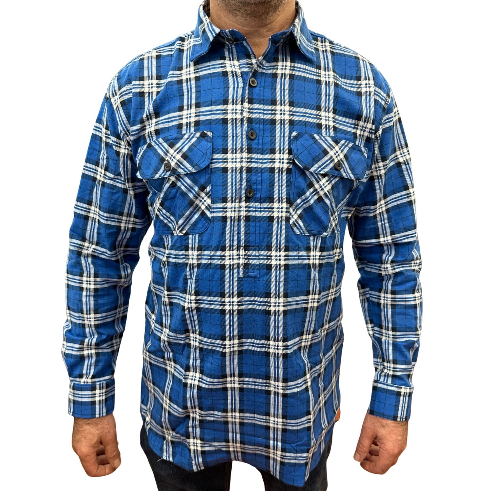 Mens Flannelette Long Sleeve Pullover Shirt 100% Cotton Flannel - Half Placket - Navy - XL