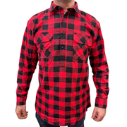Mens Flannelette Long Sleeve Pullover Shirt 100% Cotton Flannel - Half Placket - Red/Black - 3XL