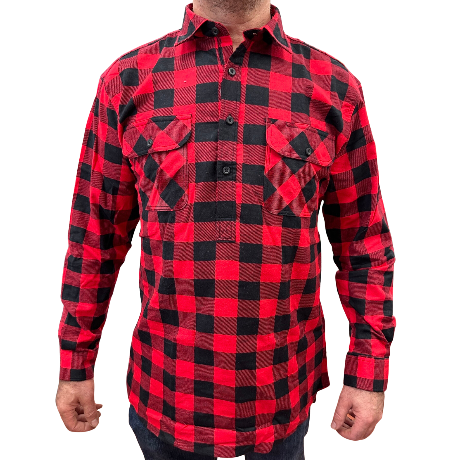 Mens Flannelette Long Sleeve Pullover Shirt 100% Cotton Flannel - Half Placket - Red/Black - L V563-FS-HP22-190-L