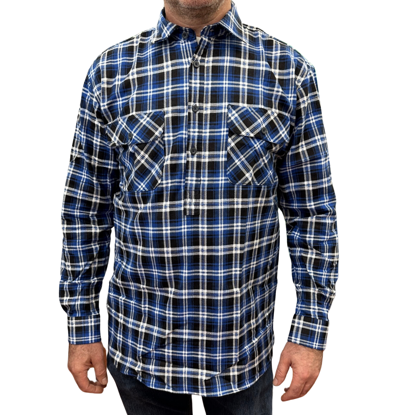 Mens Flannelette Long Sleeve Pullover Shirt 100% Cotton Flannel - Half Placket - Blue/Black - 5XL V563-FS-HP22-45-5XL