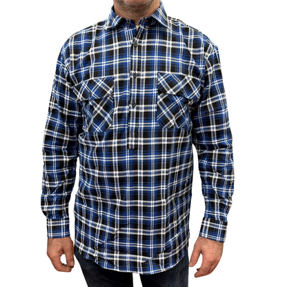 Mens Flannelette Long Sleeve Pullover Shirt 100% Cotton Flannel - Half Placket - Blue/Black - XL V563-FS-HP22-45-XL