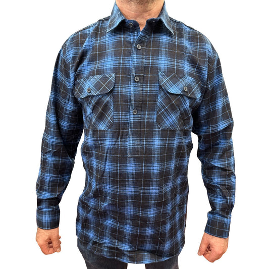 Mens Flannelette Long Sleeve Pullover Shirt 100% Cotton Flannel - Half Placket - Blue - 5XL V563-FS-HP22-48-5XL