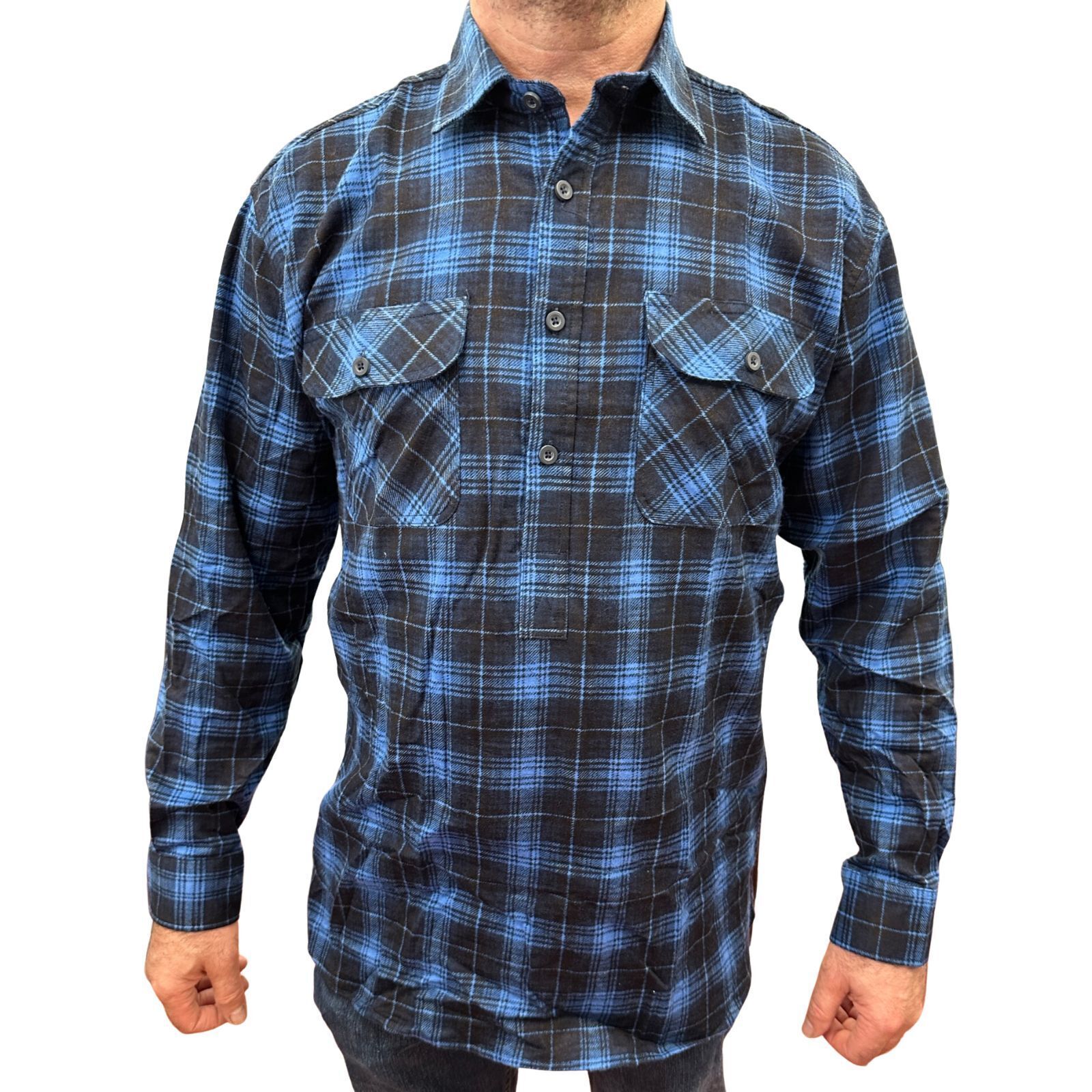Mens Flannelette Long Sleeve Pullover Shirt 100% Cotton Flannel - Half Placket - Blue - 7XL V563-FS-HP22-48-7XL