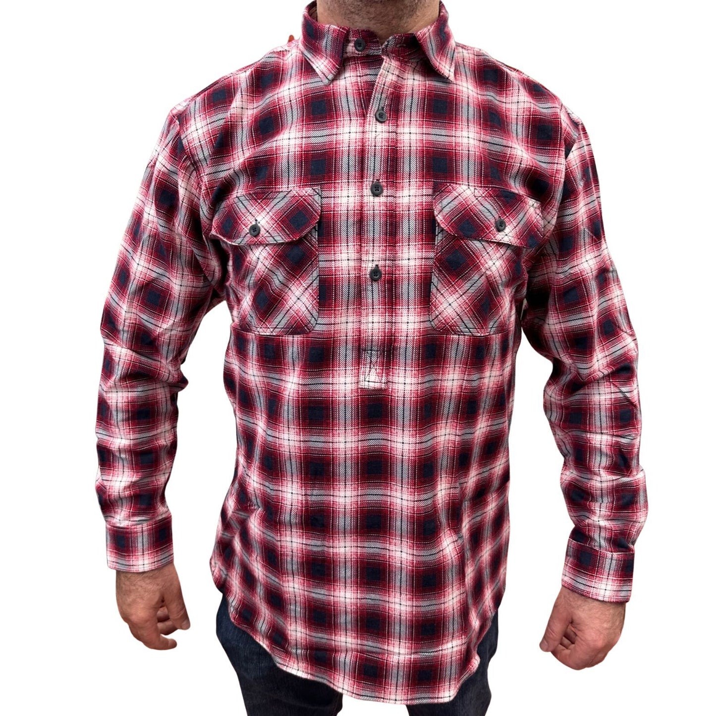 Mens Flannelette Long Sleeve Pullover Shirt 100% Cotton Flannel - Half Placket - Red/Navy - 3XL V563-FS-HP22-49-3XL