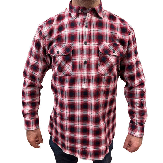 Mens Flannelette Long Sleeve Pullover Shirt 100% Cotton Flannel - Half Placket - Red/Navy - XL V563-FS-HP22-49-XL
