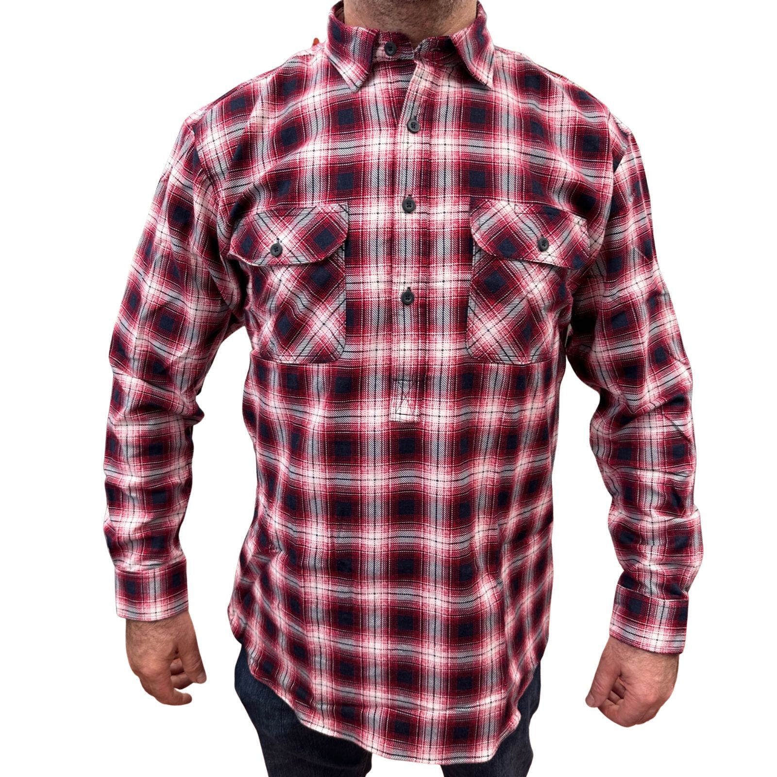Mens Flannelette Long Sleeve Pullover Shirt 100% Cotton Flannel - Half Placket - Red/Navy - XL