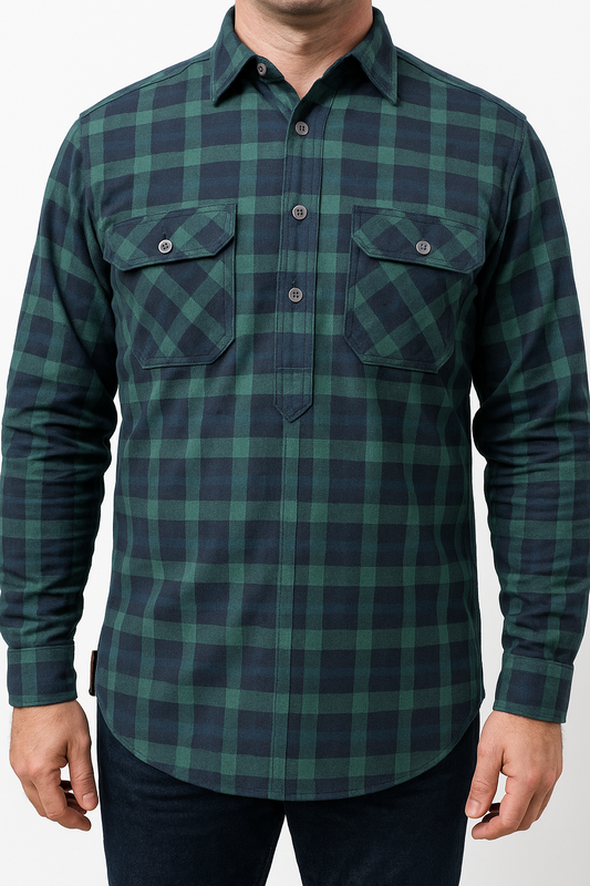 Mens Flannelette Long Sleeve Pullover Shirt 100% Cotton Flannel - Half Placket - Green/Navy - XL V563-FS-HP22-82-XL