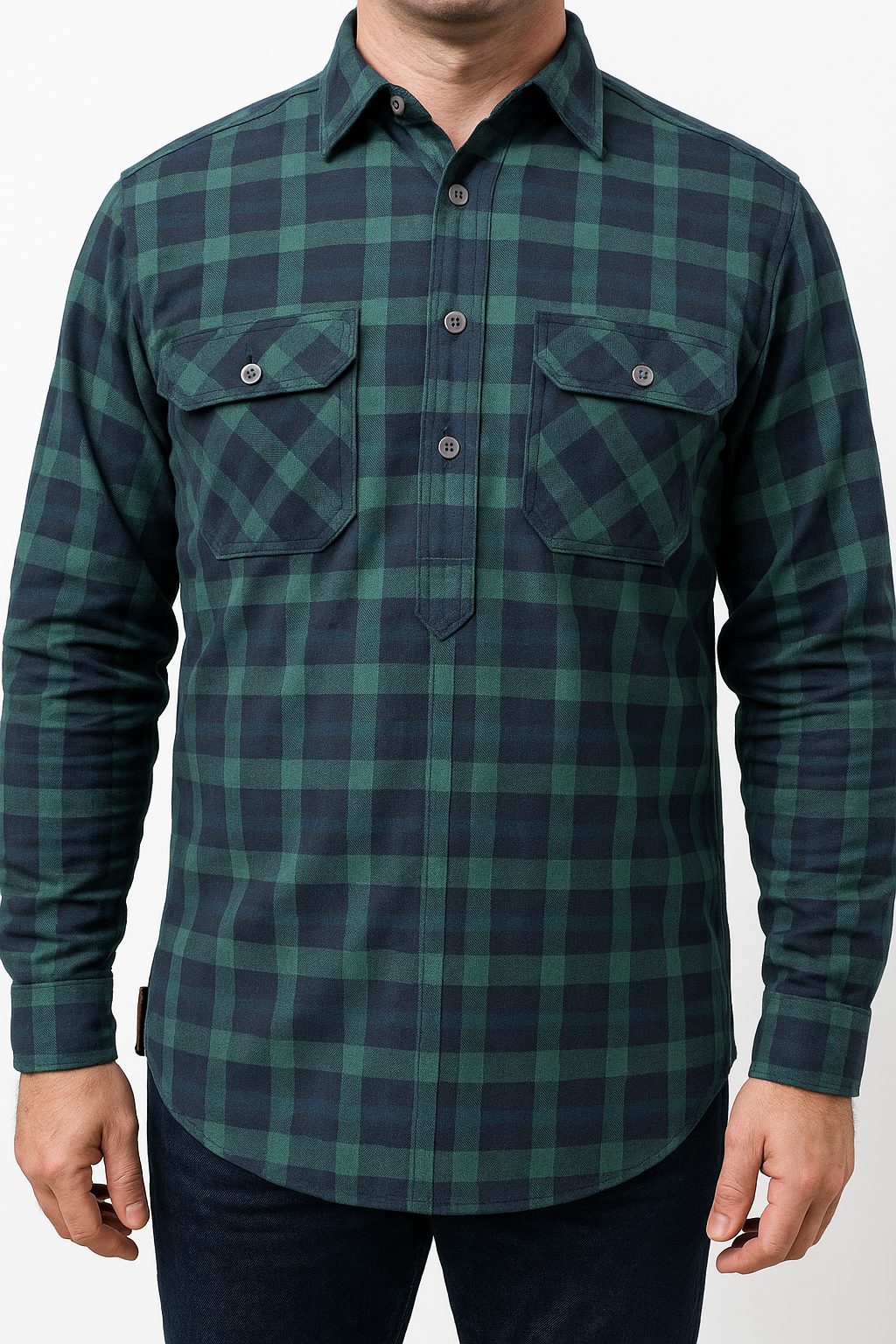 Mens Flannelette Long Sleeve Pullover Shirt 100% Cotton Flannel - Half Placket - Green/Navy - XL
